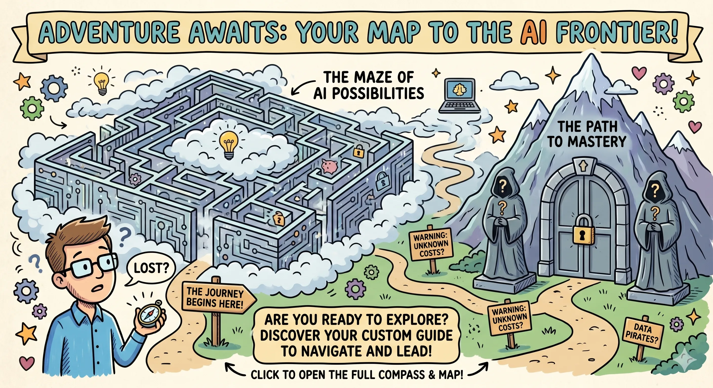 doodle of a lost business executive in front of the AI world